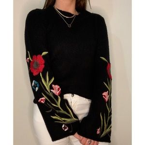 NWT Black Embroidered Bell Sleeve Sweater